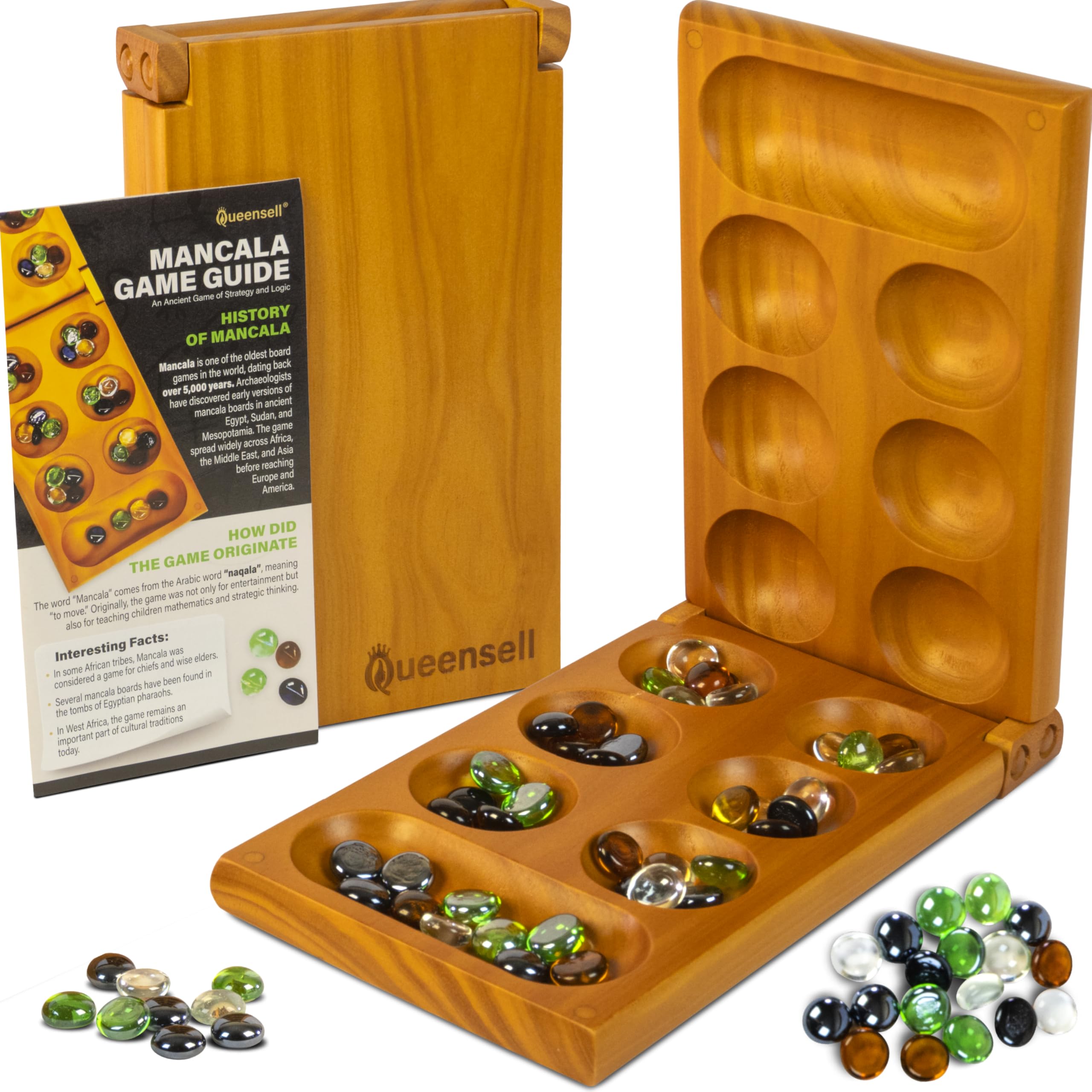 Queensell Mancala board folding setup demonstrates portable, ready-to-play design.