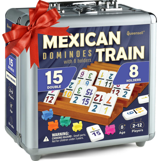 Queensell Mexican Train Dominoes Double 15 tiles for family game night and easy setup.