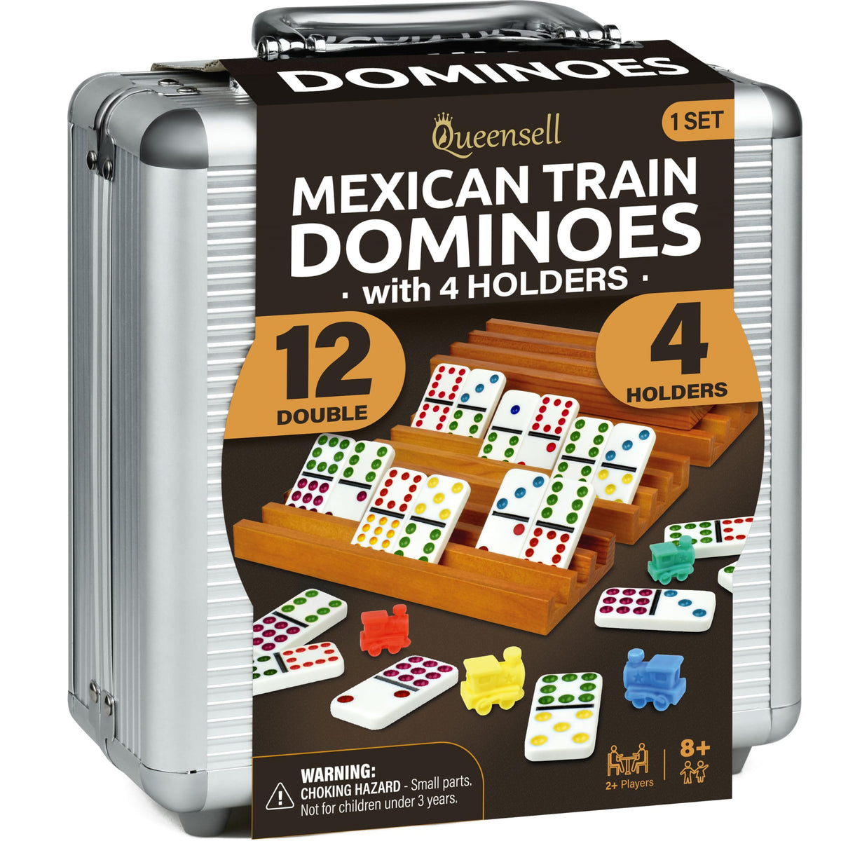 Queensell Mexican Train Dominoes Set with four holders for organized family play.