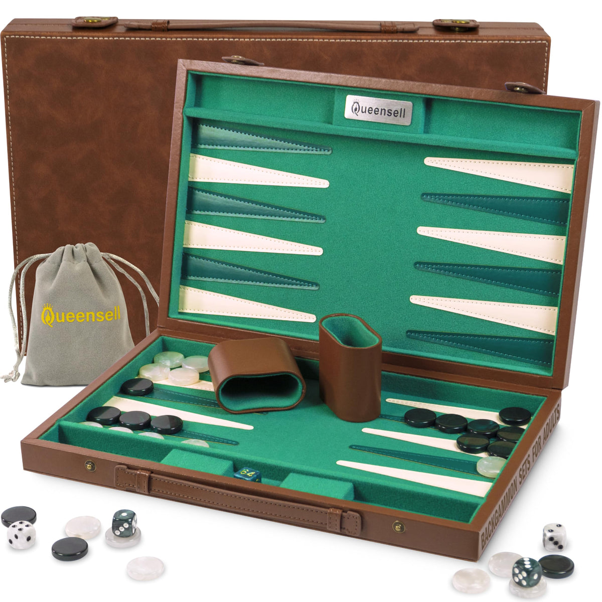 Queensell Premium 15-Inch Backgammon Board closed, ideal for travel and compact storage.