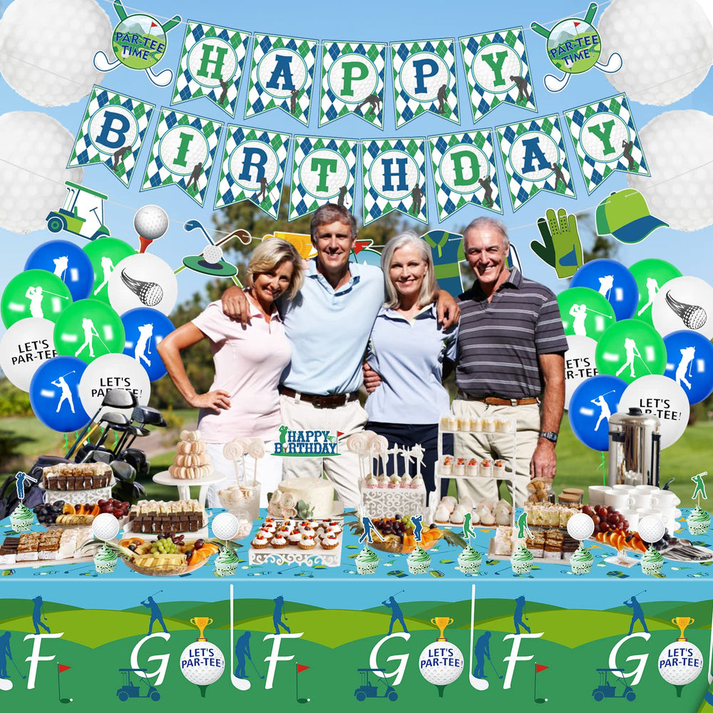 QUERICKY golf themed party setup with tablecloth and decor