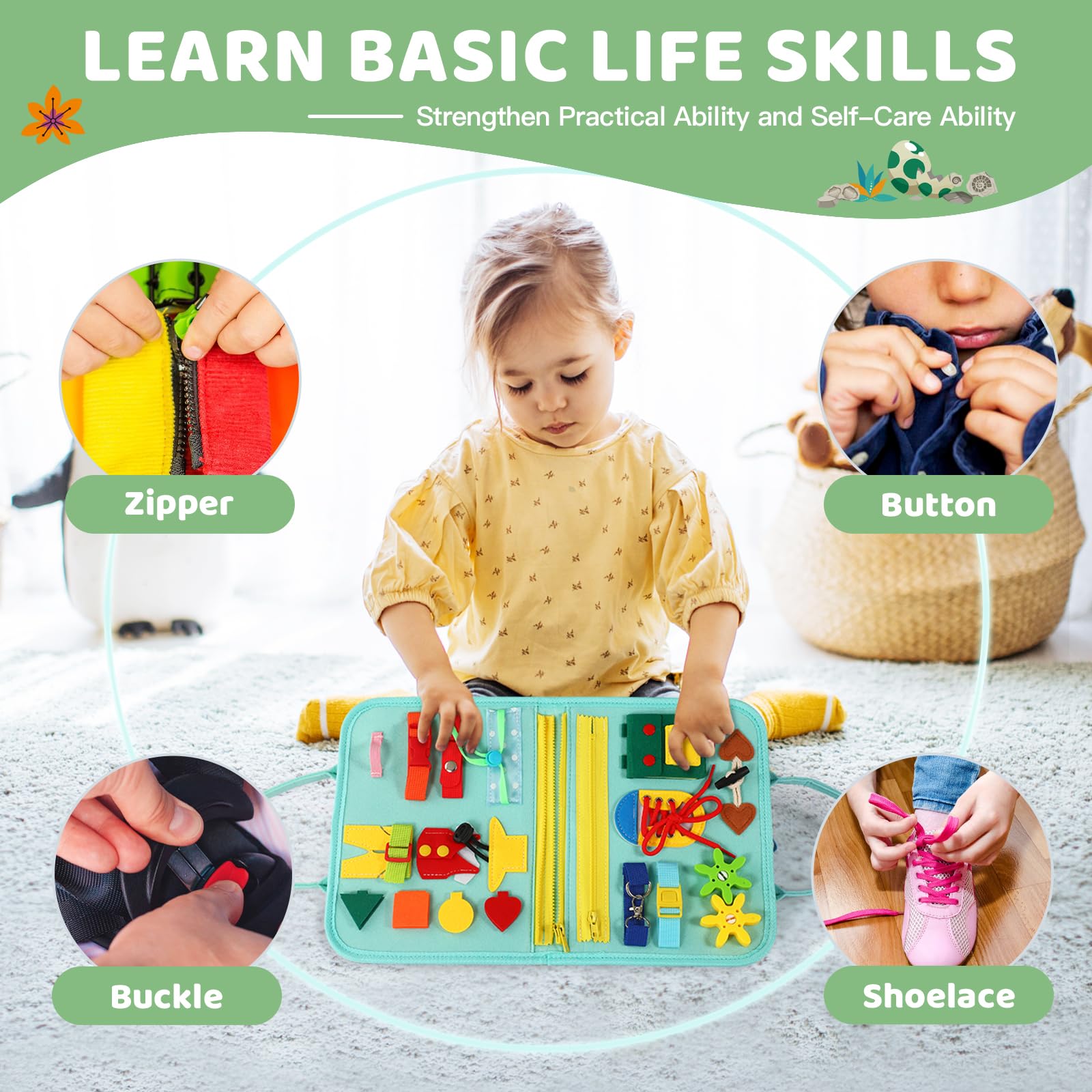 Quiet Flower Busy Board occupations page encourages pretend play and skill building.