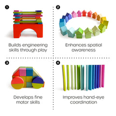 Quiggly rainbow blocks planks for sturdy builds and hand-eye coordination.