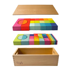 Quiggly Montessori rainbow blocks in vibrant colors for open-ended STEM play.