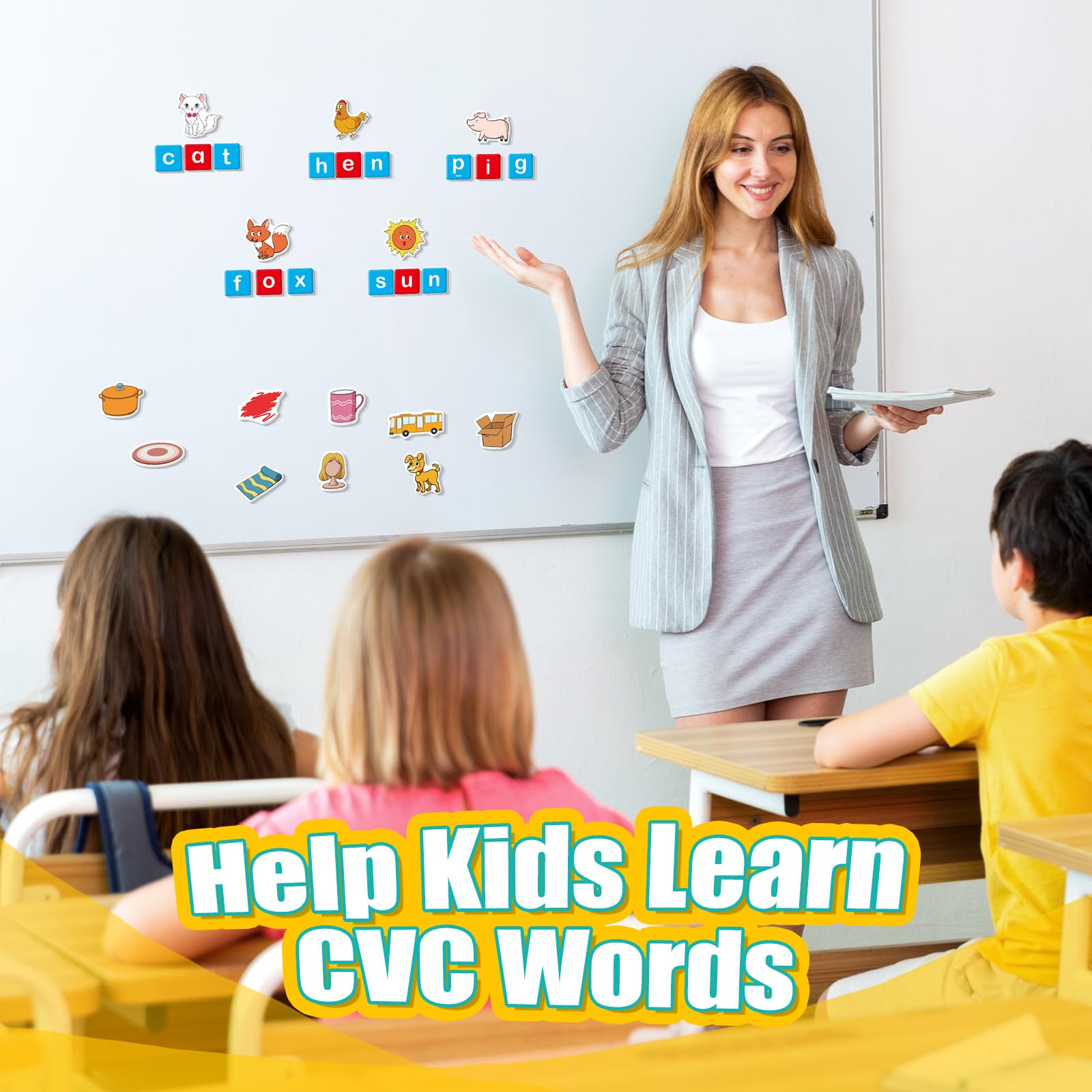 Quilinz CVC magnets used in classroom phonics activity