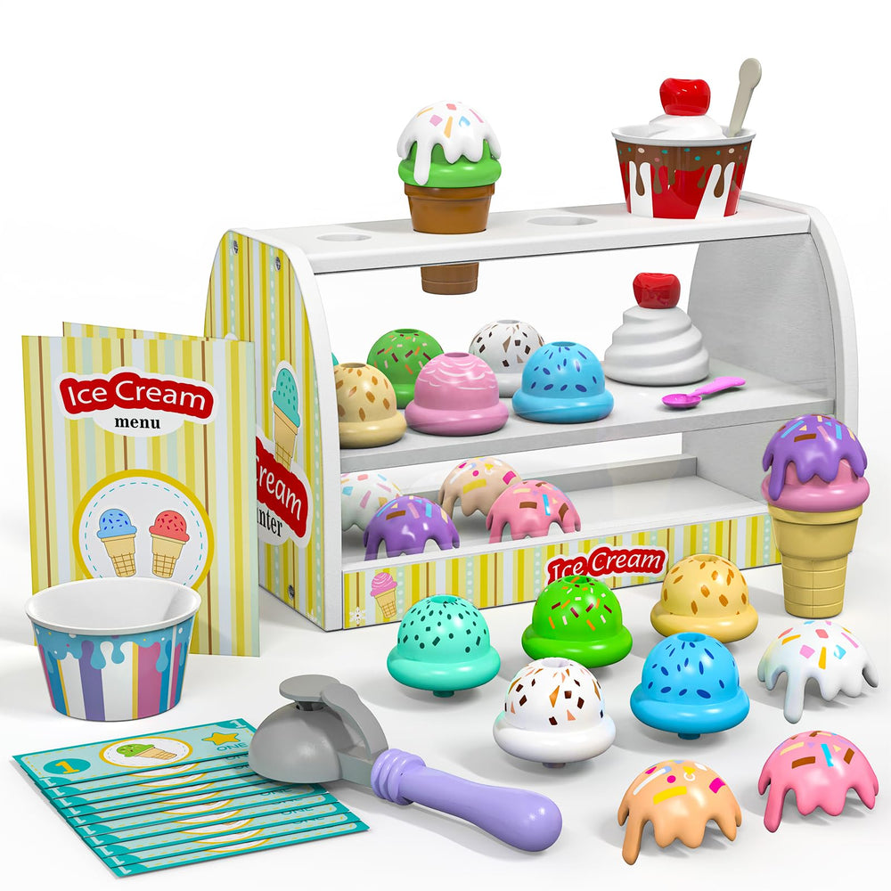 Quimsity Ice Cream Counter Play showcases a sturdy wooden counter for lasting pretend serving.