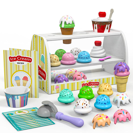 Quimsity Ice Cream Counter Play showcases a sturdy wooden counter for lasting pretend serving.