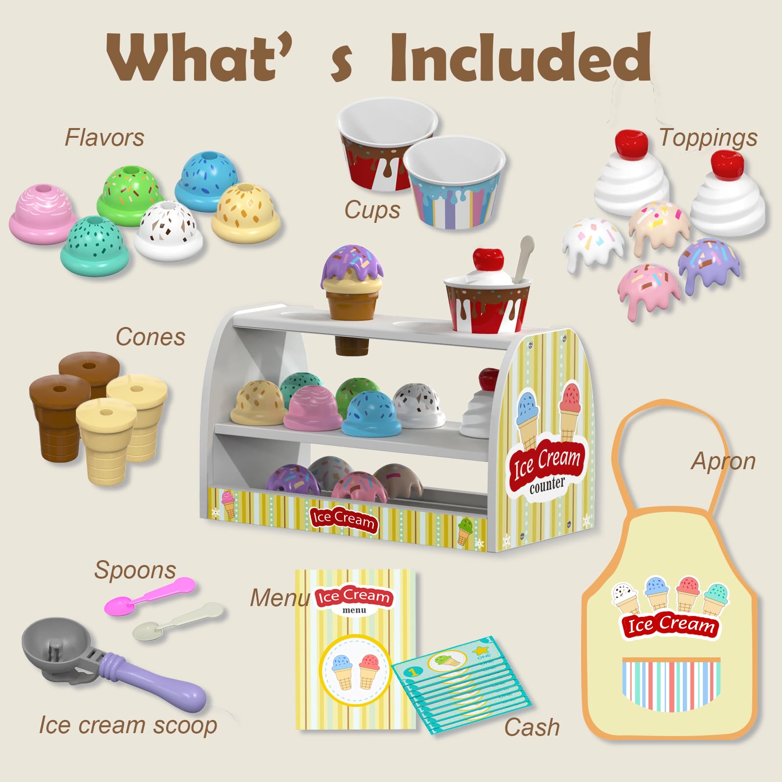 Quimsity Ice Cream Toppings invites tactile exploration with colorful plastic toppings to customize scoops.