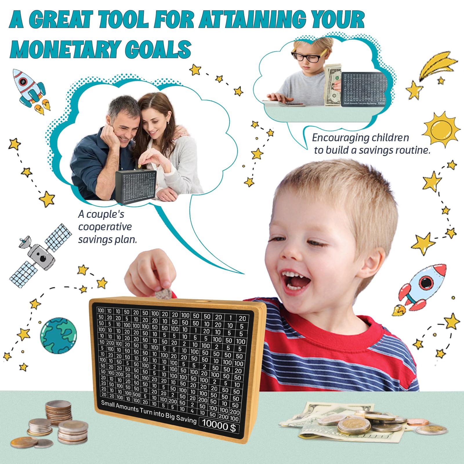 Quincunx money box custom goals labels supports personalized saving targets.