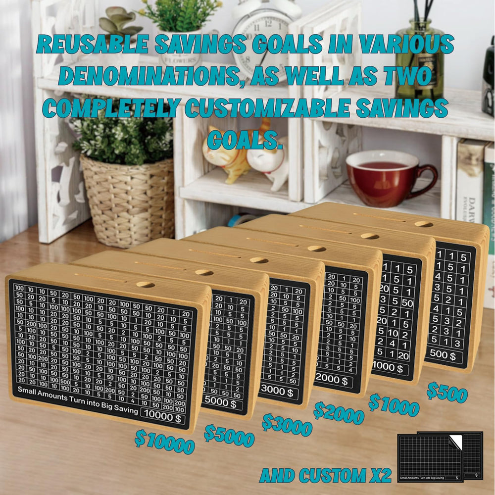 Quincunx savings-goals packaging highlights accessible six preset targets.