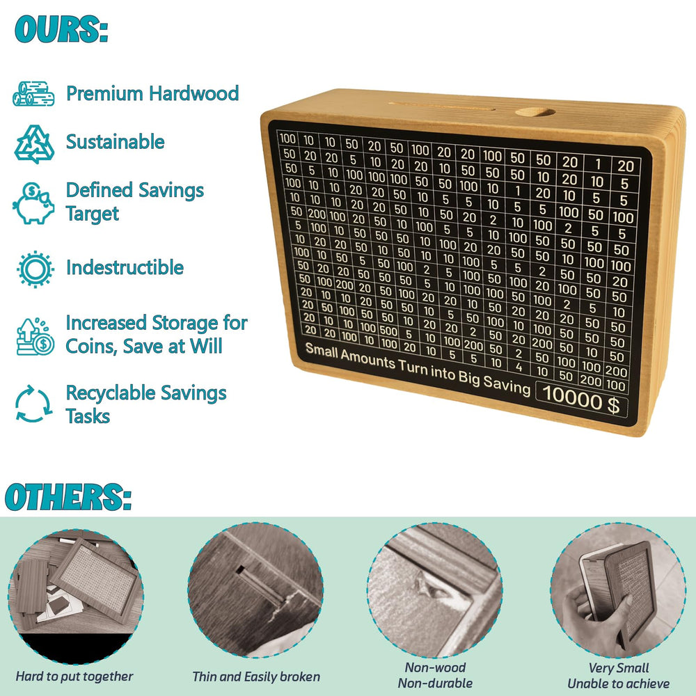 Quincunx wooden money-saving box engraving detail emphasizes premium craftsmanship.