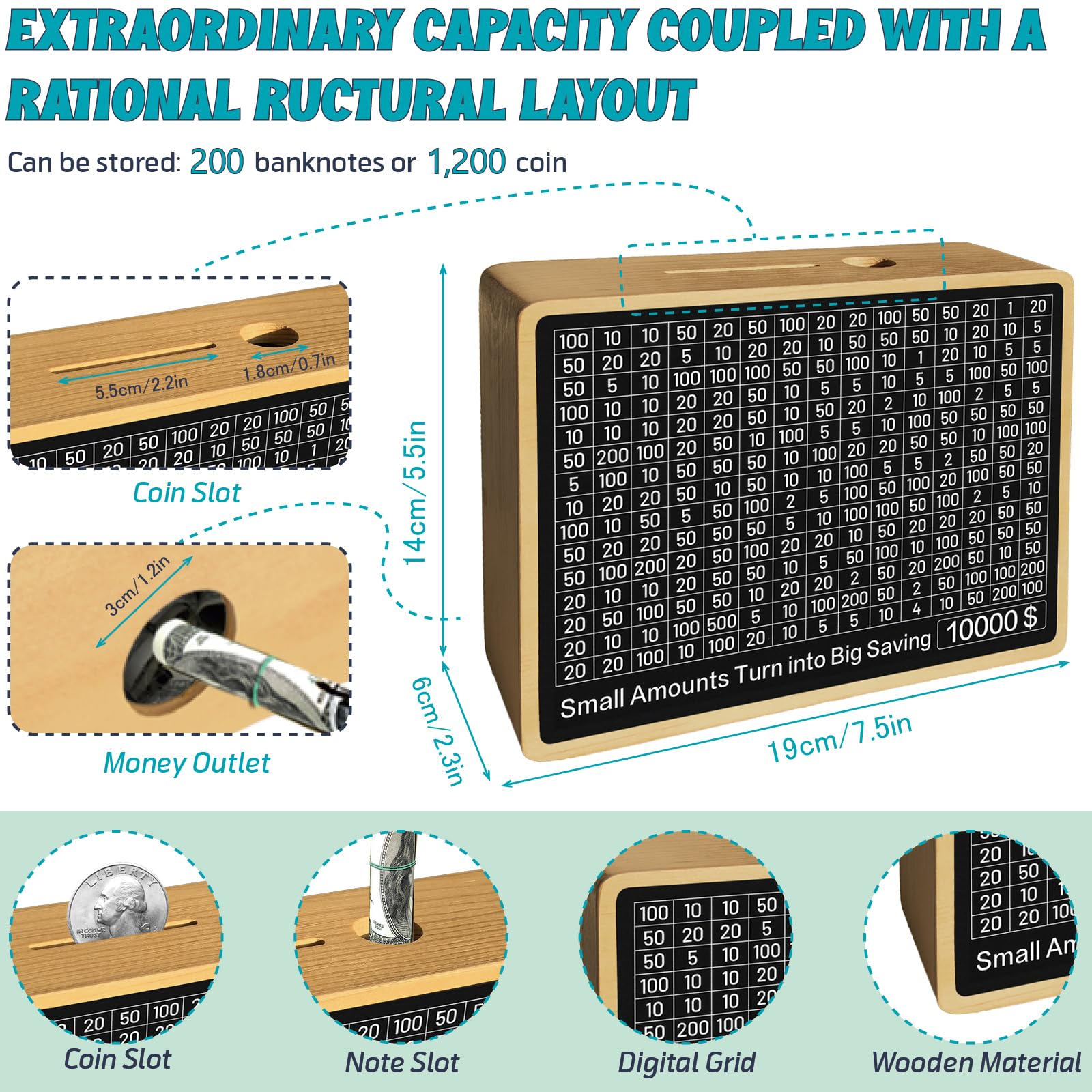 Quincunx wooden money-saving box open lid reveals clear goal slots for organized savings.