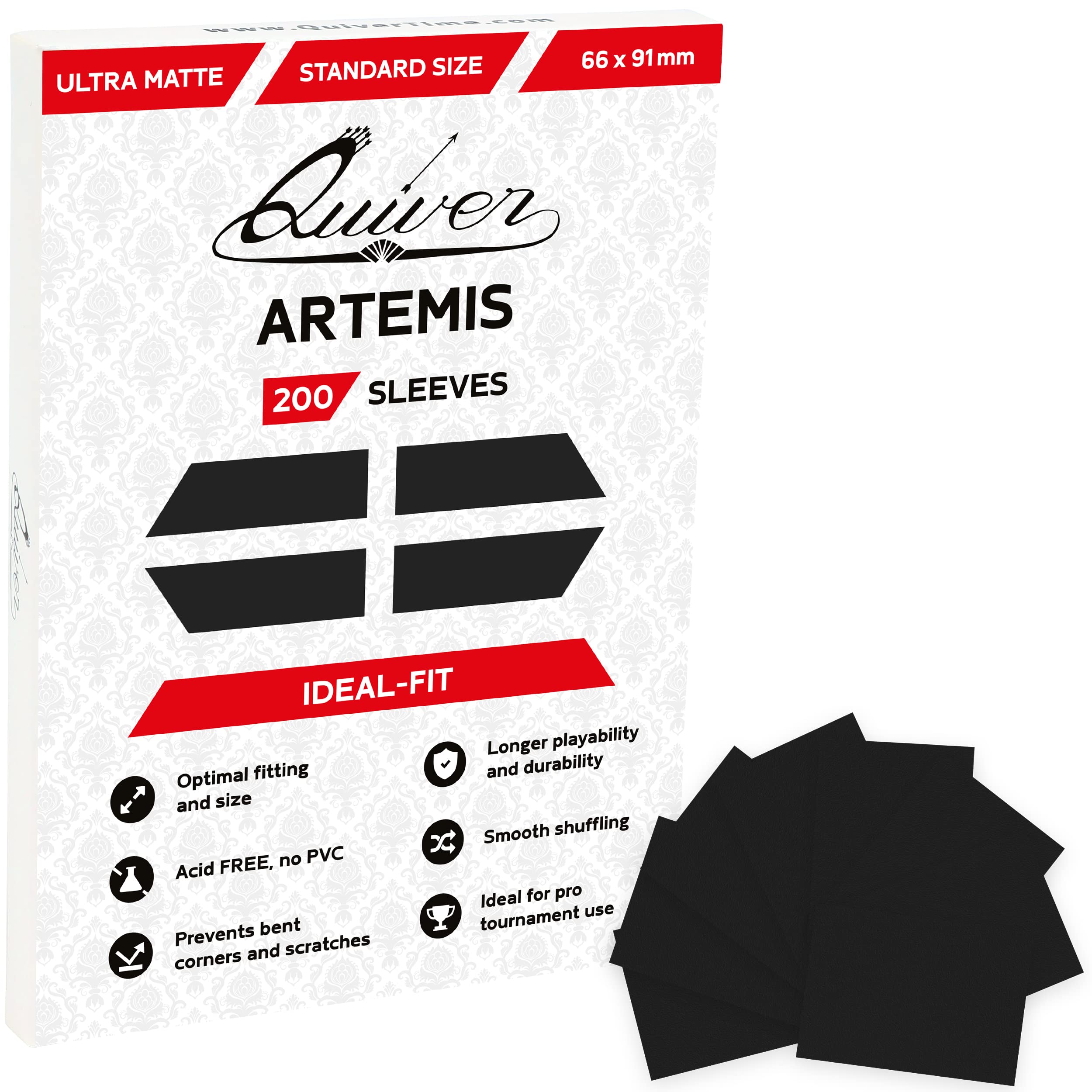 Quiver Time Artemis black sleeves 200-pack protecting cards from dirt and scratches.