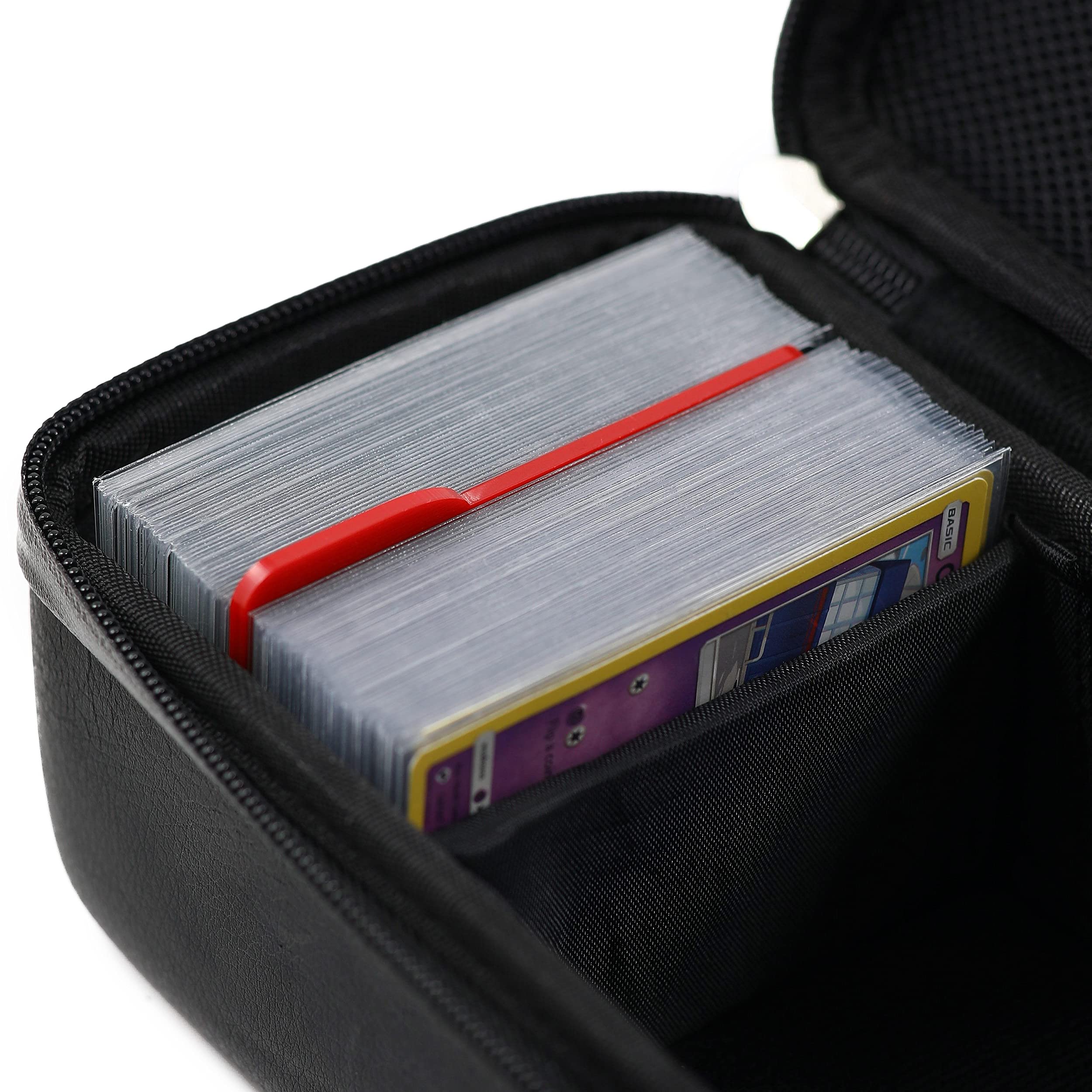 Corner pads and adjustable dividers keep cards secure during transport.