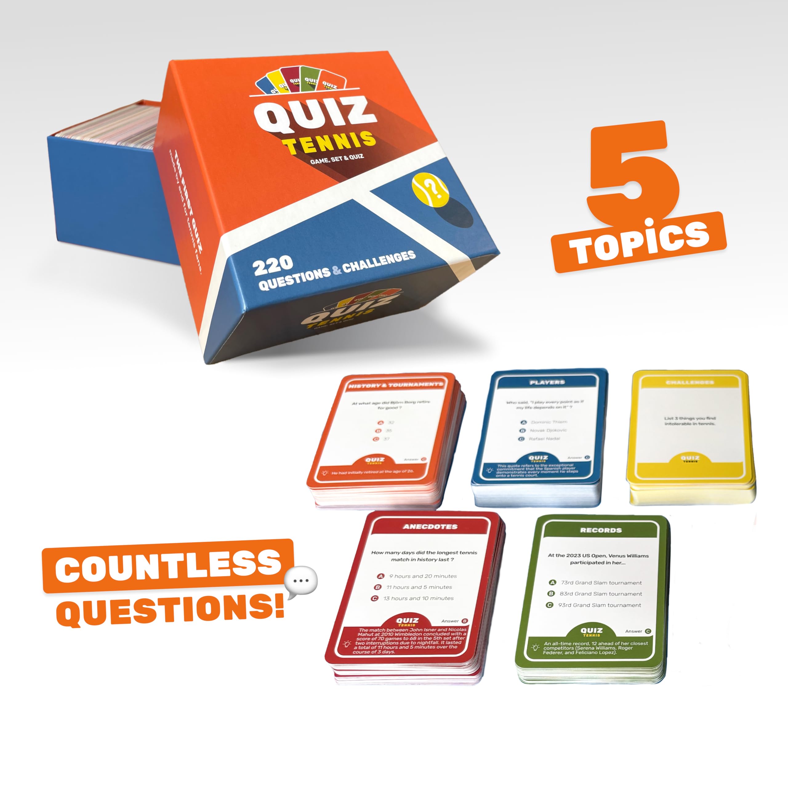 Quiz Tennis anecdotes category card brings stories to life on court.