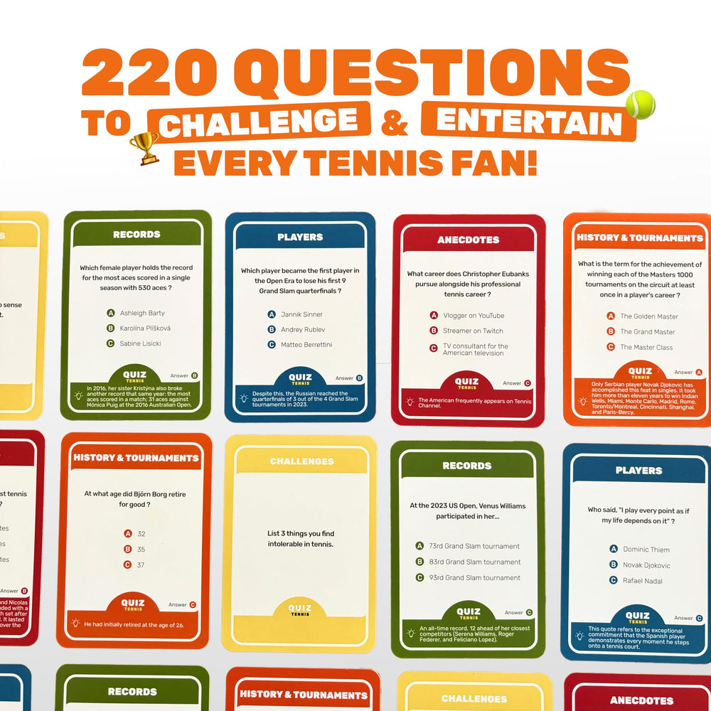 Quiz Tennis tournaments category card explores major events and venues.