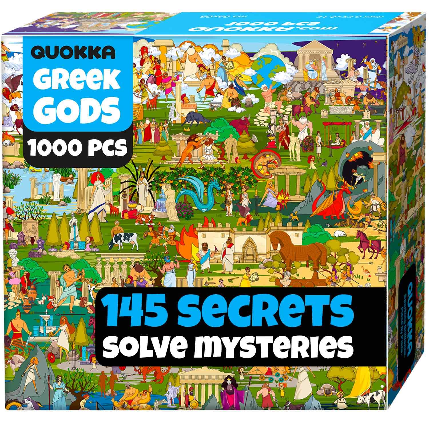 QUOKKA 1000-piece puzzle packaging featuring Greek gods artwork for a captivating unboxing experience.