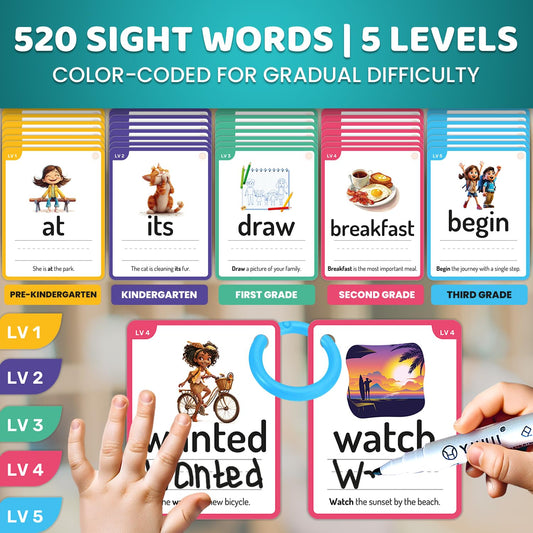 Quokka 520 sight words flash cards color-coded rings for easy sorting and study sessions.