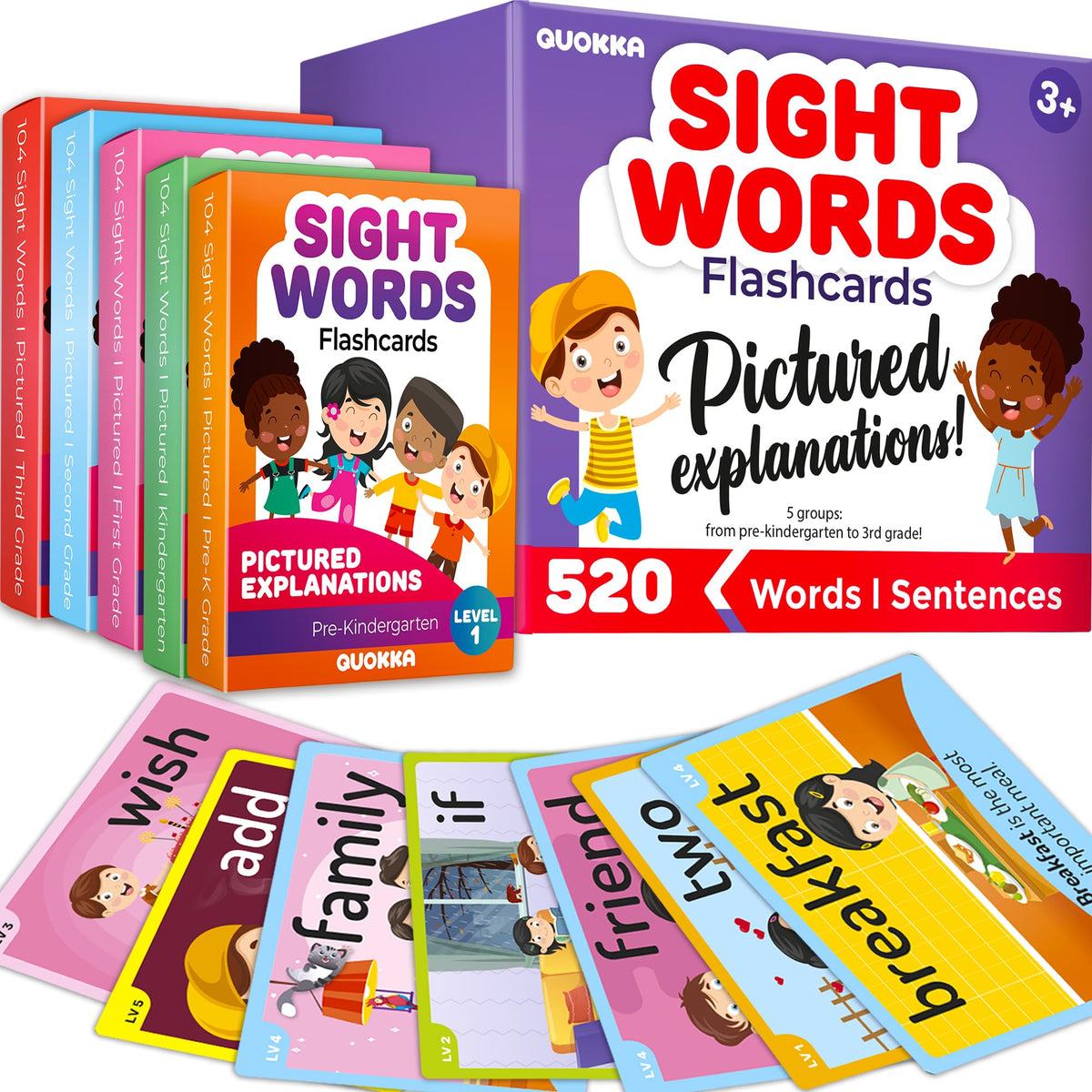 QUOKKA 520 flash cards cover with bold typography and colorful illustrations to spark reading.