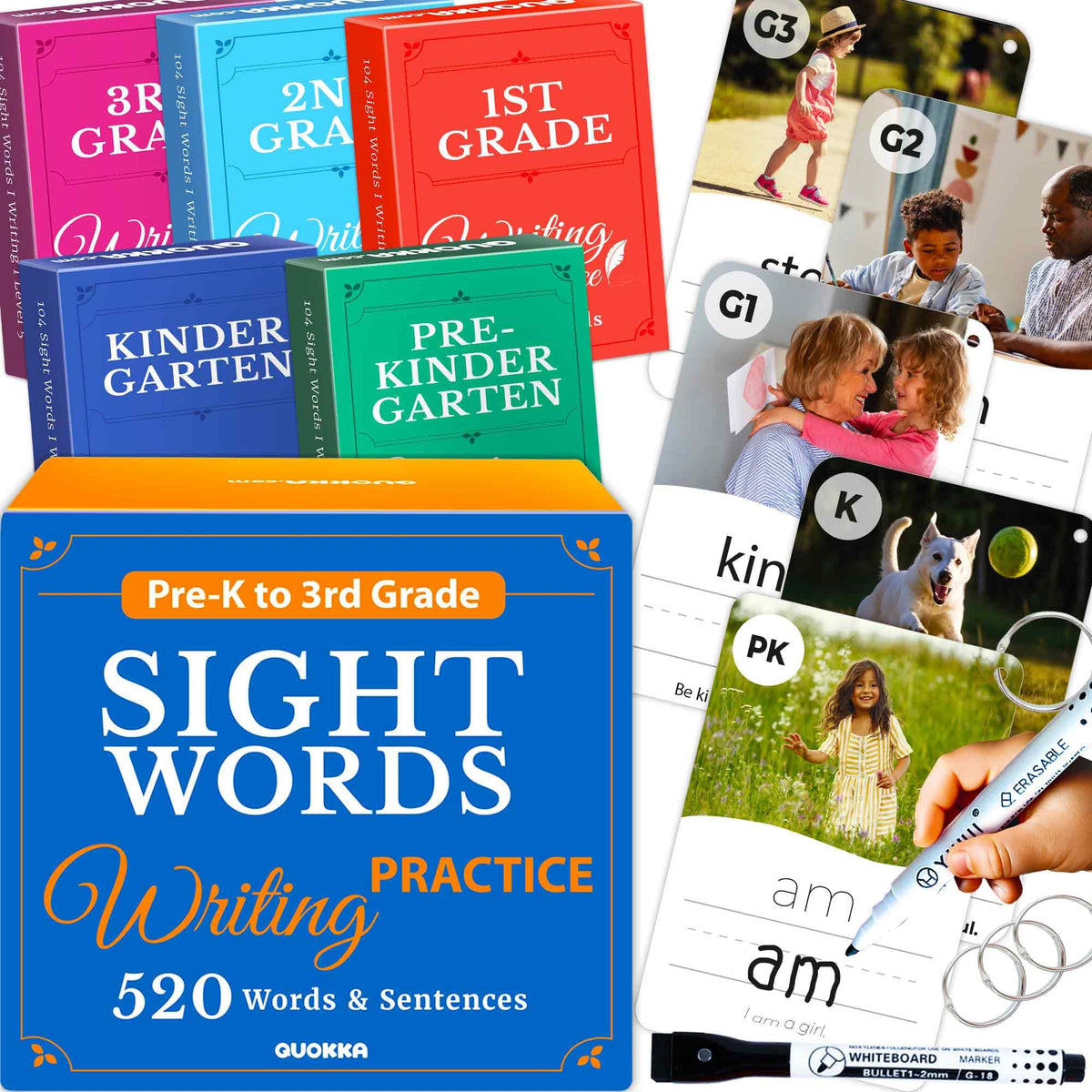 QUOKKA 520 sight words flash cards with rings for organized practice at home or school