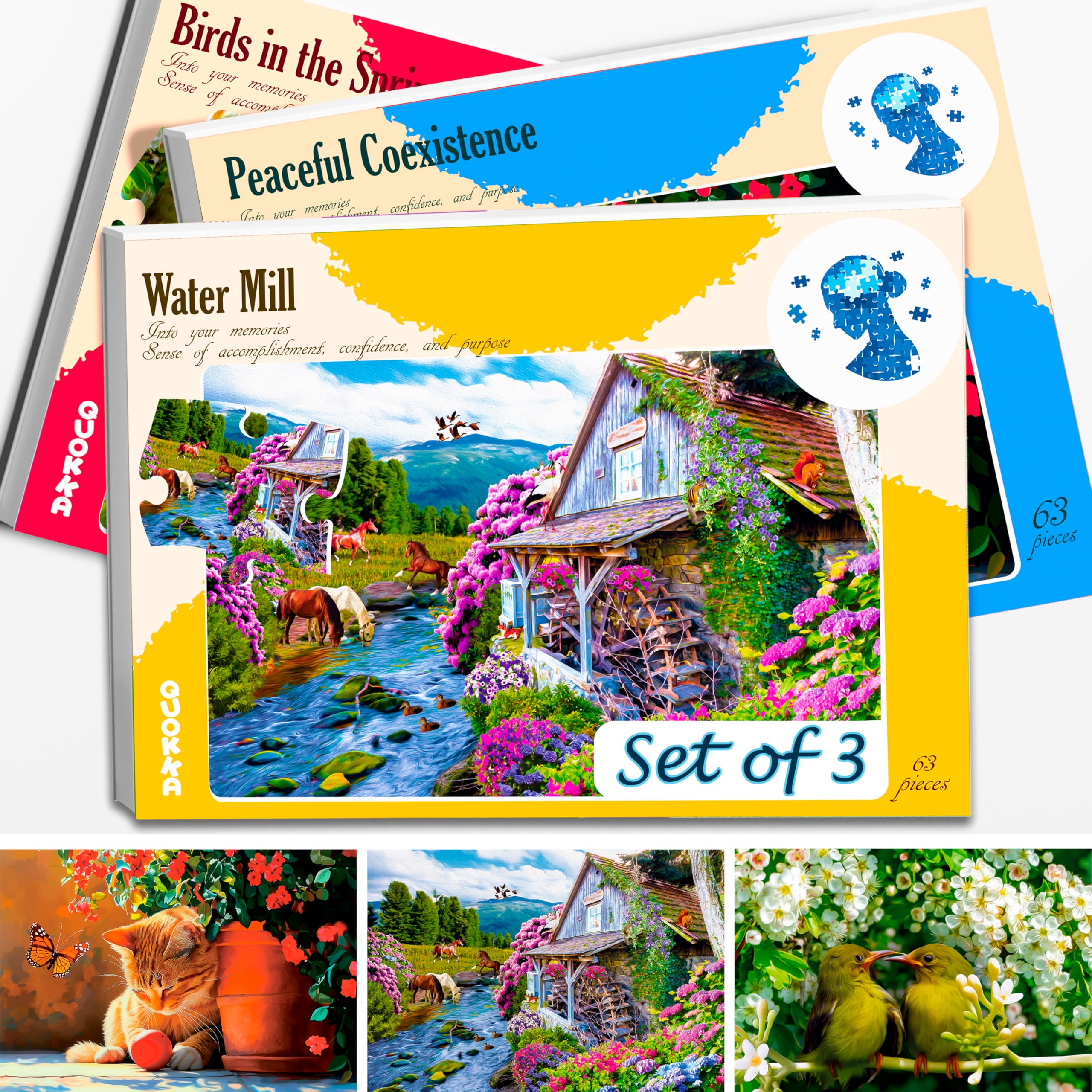 QUOKKA 63-piece dementia puzzles collection showing vibrant pieces for seniors' brain engagement