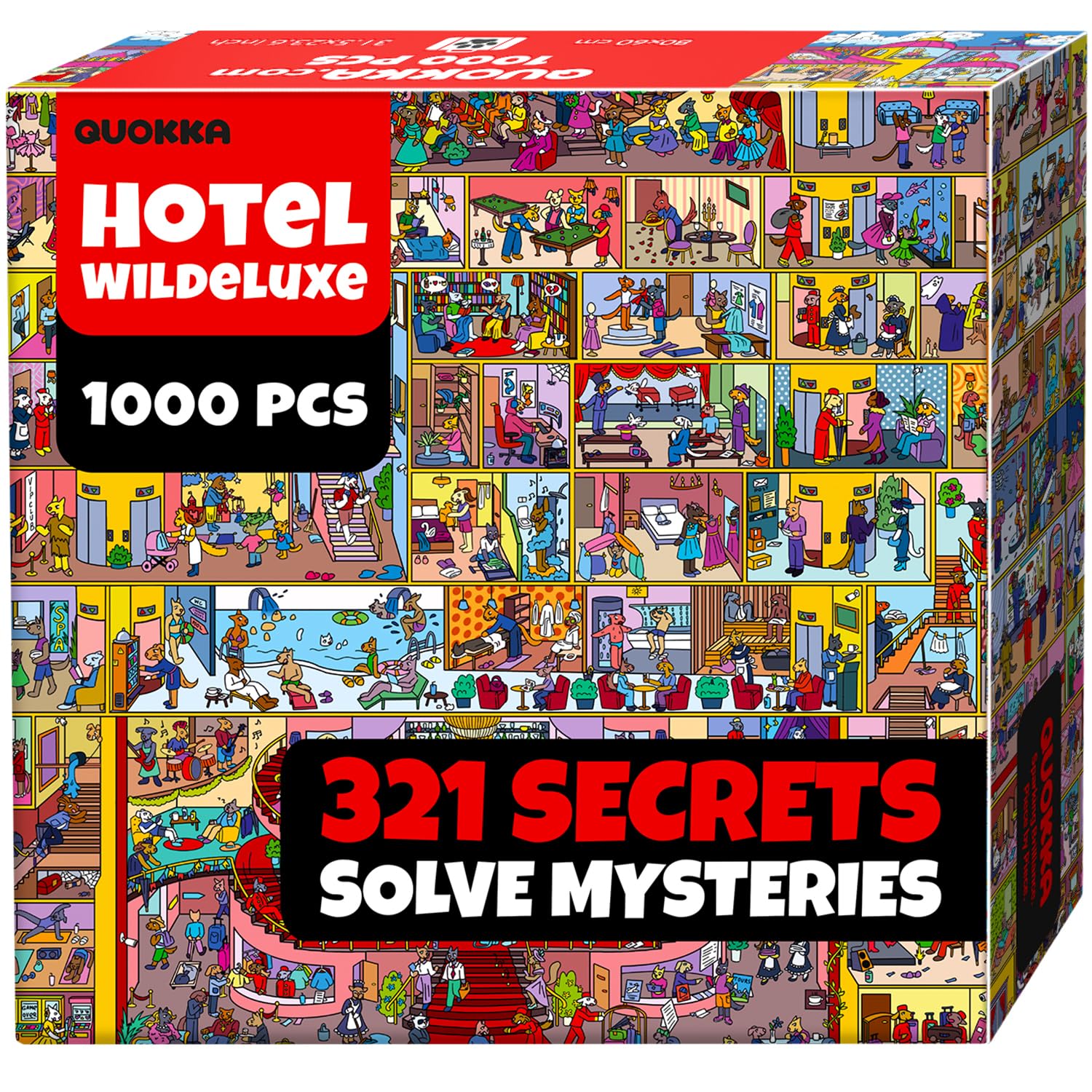 QUOKKA Hotel Wildeluxe puzzle cover shows intricate hotel scenes for immersive focus.