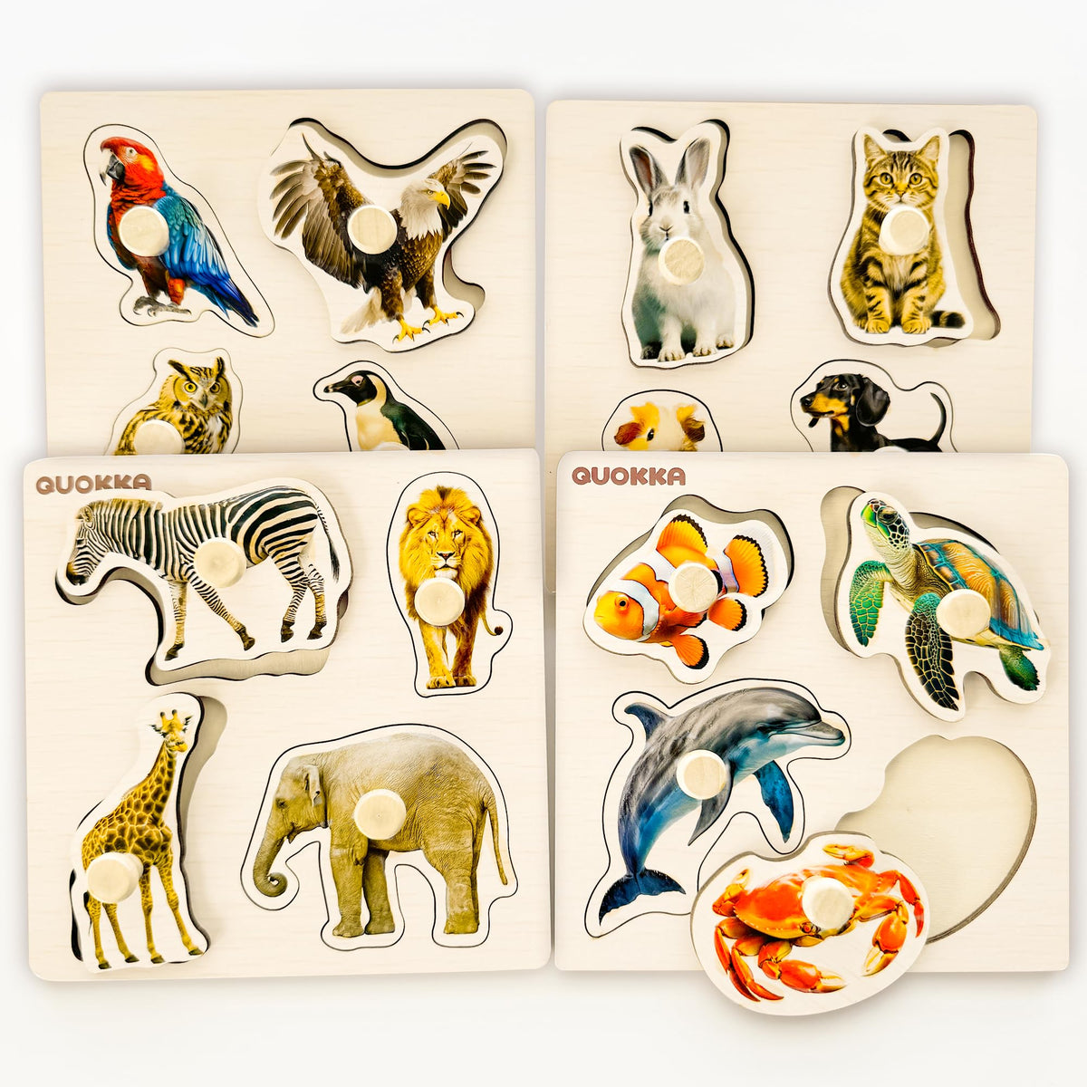 QUOKKA wooden puzzle animals forest scene supports early recognition and fine motor skills.