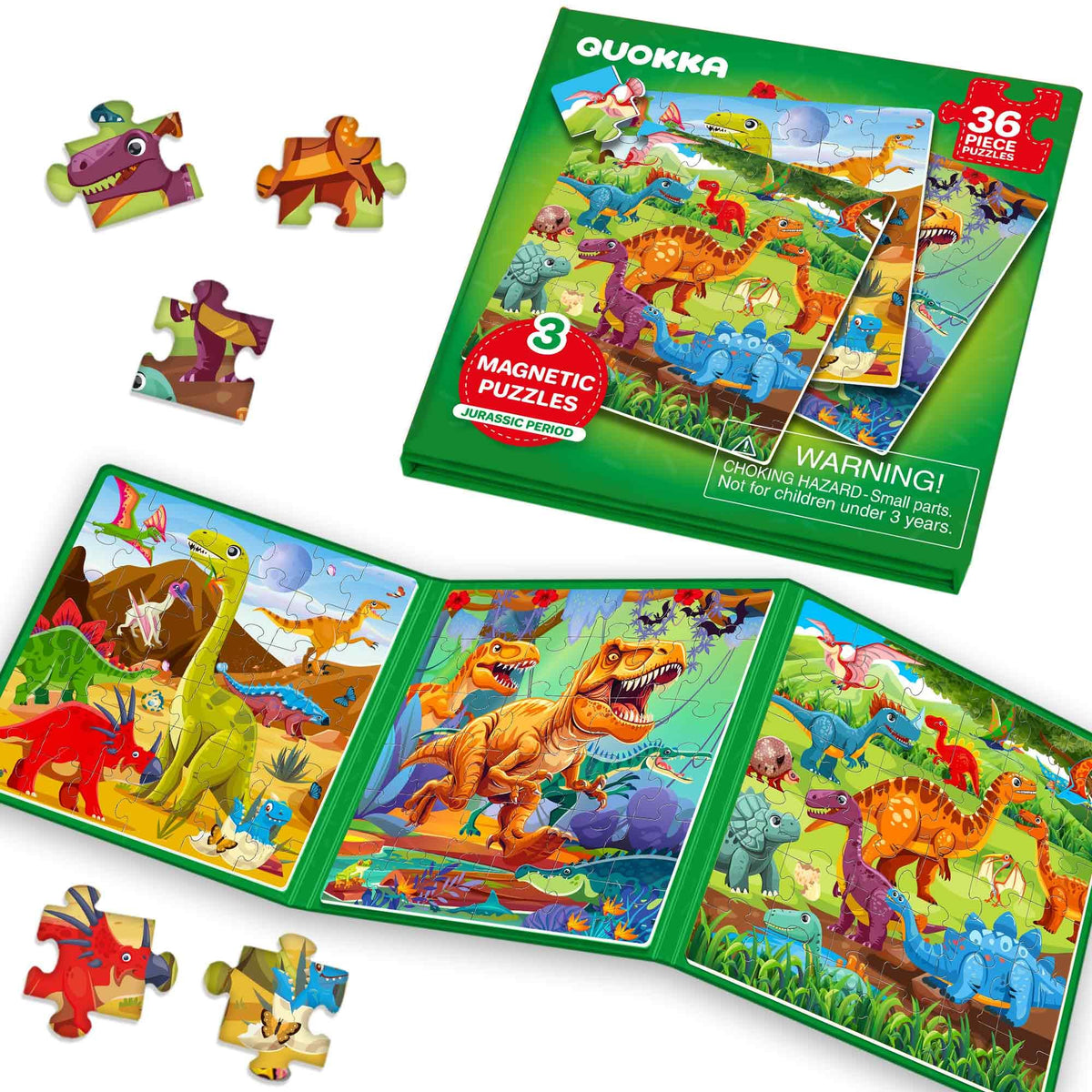 QUOKKA travel magnetic puzzles dino book cover highlights a screen-free play option.