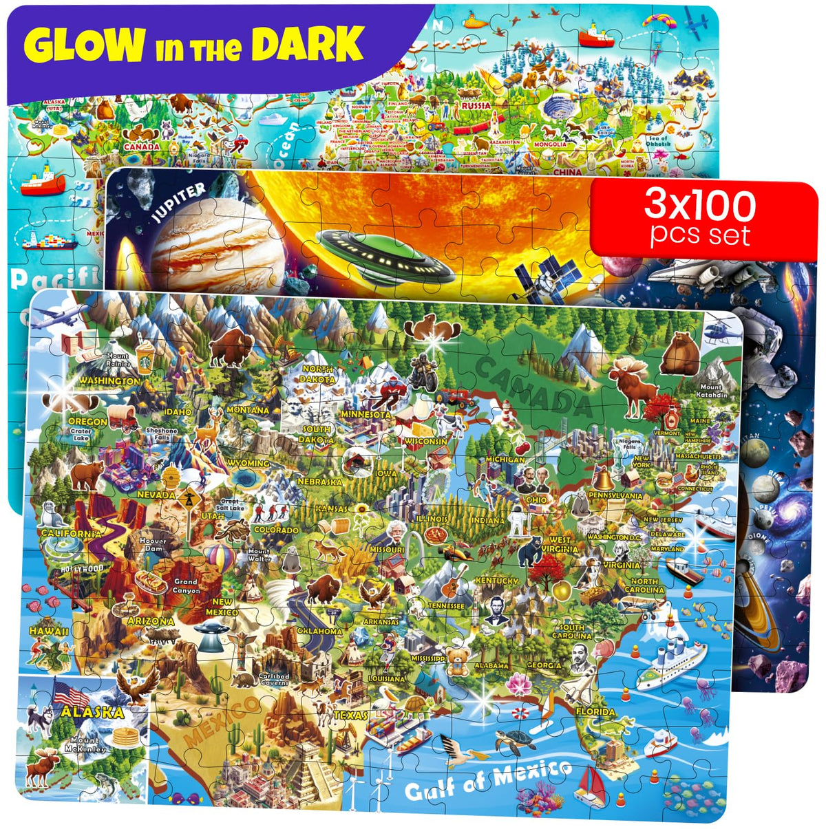 QUOKKA USA map 100-piece glow puzzle glows at night for engaging geography play