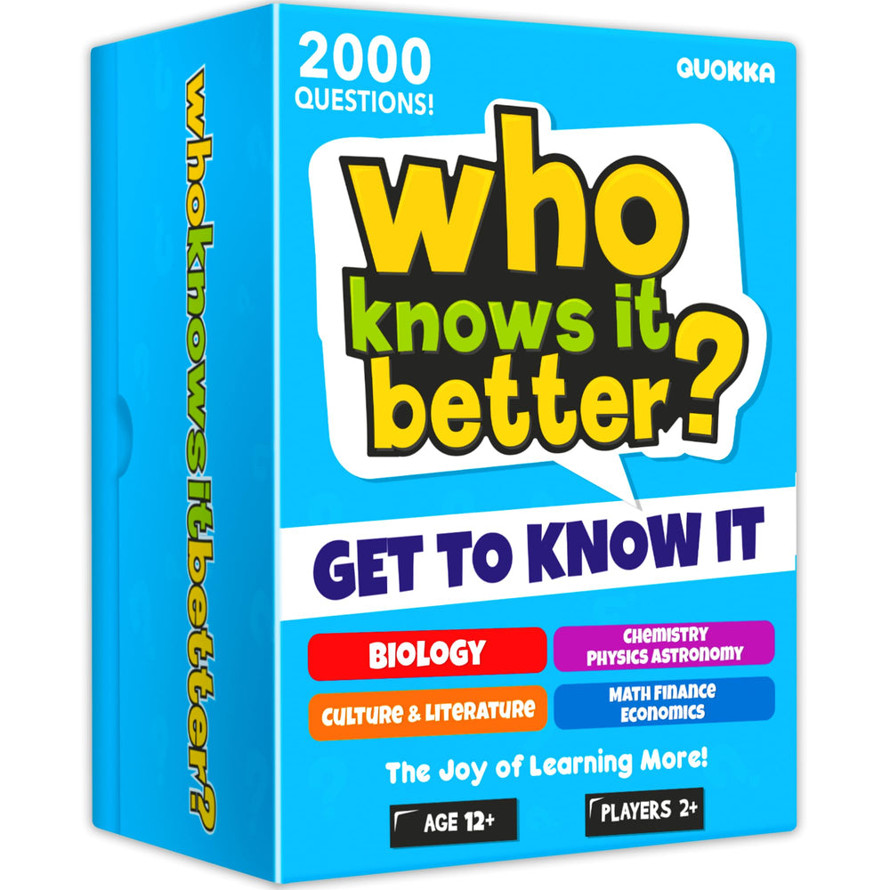 QUOKKA Who Knows It Better box front, perfect for family trivia nights.