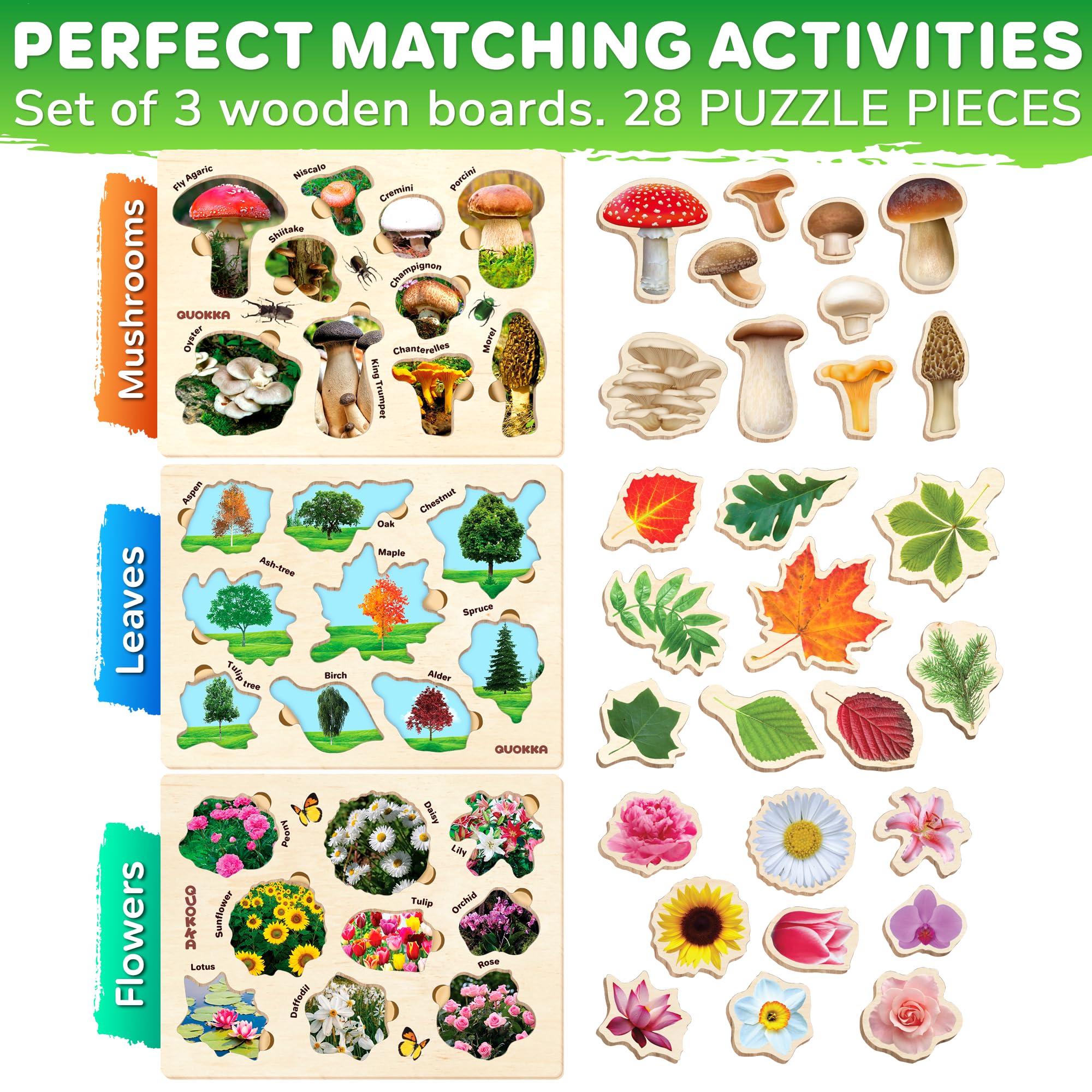 QUOKKA wooden puzzles flowers: colorful visuals support early recognition and focus