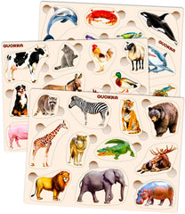 QUOKKA wooden puzzles for toddlers closeup of colorful animal scenes; durable wood helps develop fine motor skills