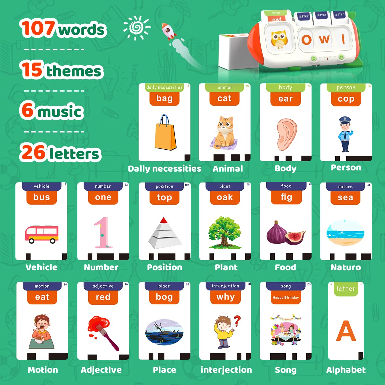 QuTZ 107 word cards across 15 themes support early literacy skills.