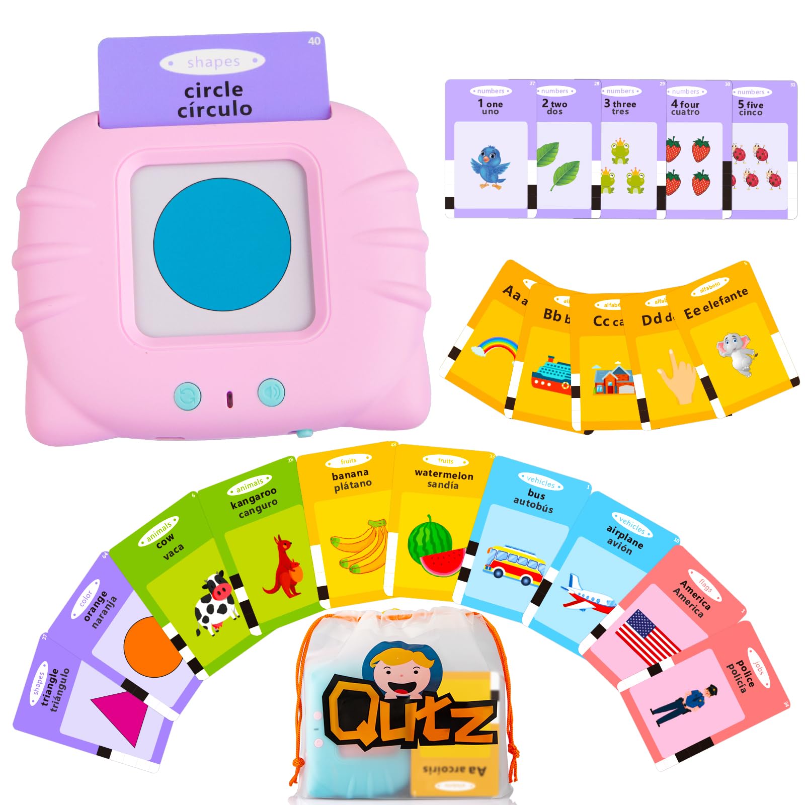 Qutz ABC learning flash cards package for toddlers supports bilingual practice.