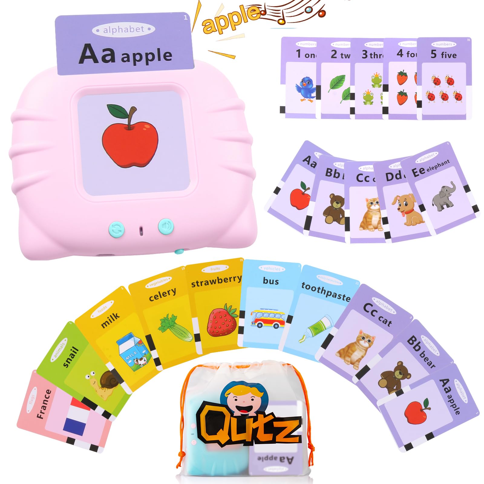 QuTZ ABC learning flash cards in pink for toddlers practicing early literacy.