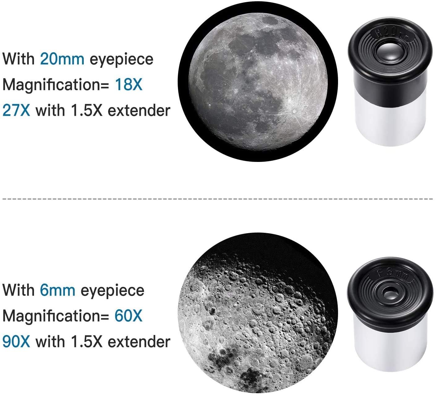 QW telescope includes 1.5x Barlow lens to boost viewing range.