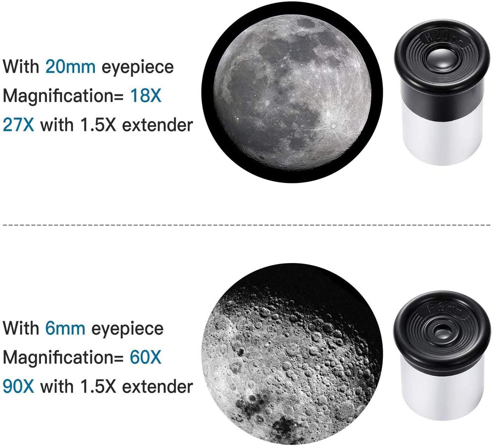 QW telescope includes 1.5x Barlow lens to boost viewing range.