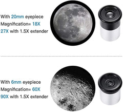 QW telescope includes 1.5x Barlow lens to boost viewing range.