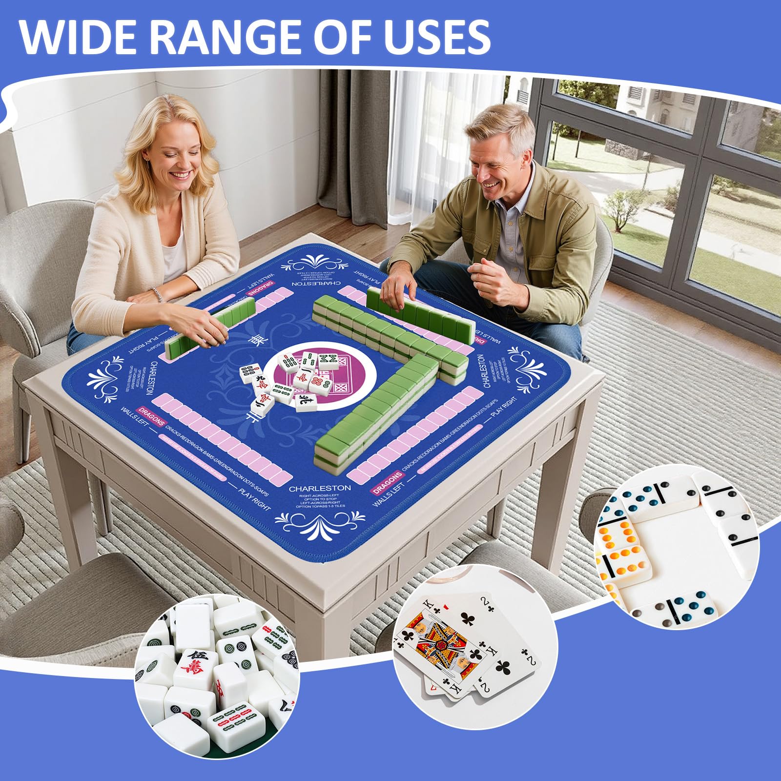 Qwiayeal versatile mat fits mahjong, cards, and desk decor.