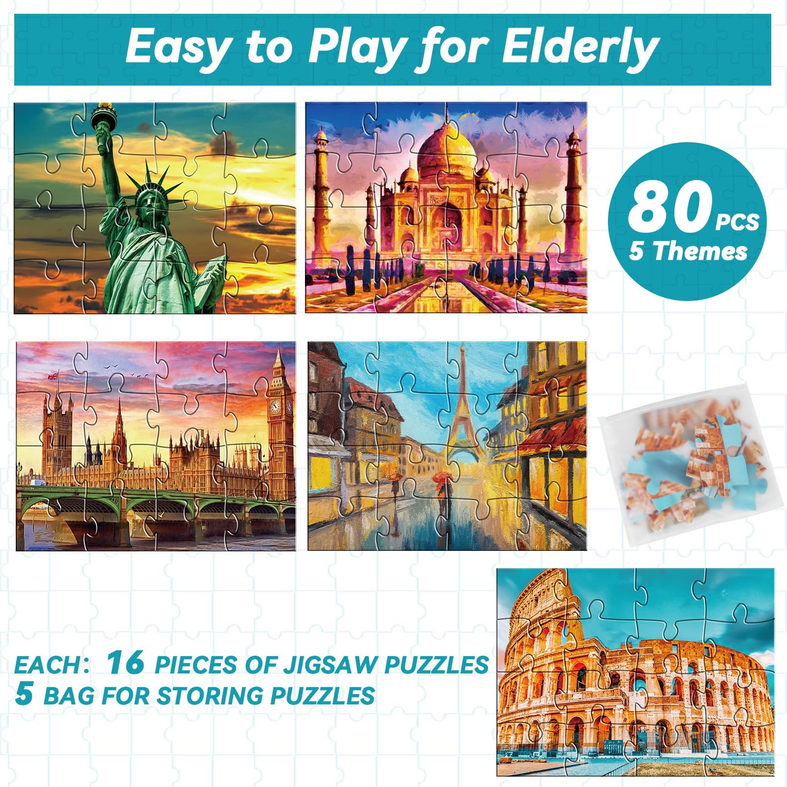Qyeahkj memory games with five storage bags offer convenient storage.