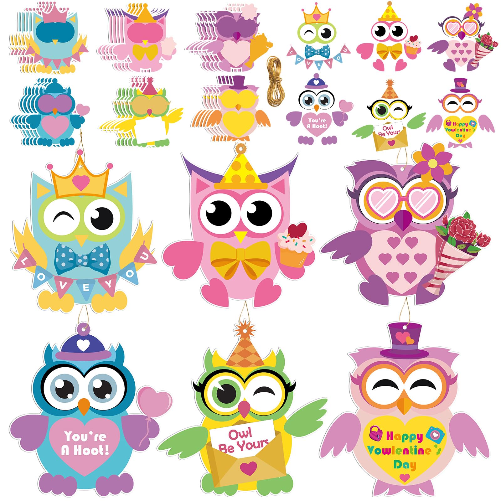 Qyeahkj Valentines owl craft kit body cards showcase six styles for kids' creativity in classrooms.