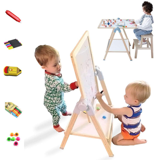QZMTOY deluxe standing easel front view with double-sided whiteboard and chalkboard for creative learning