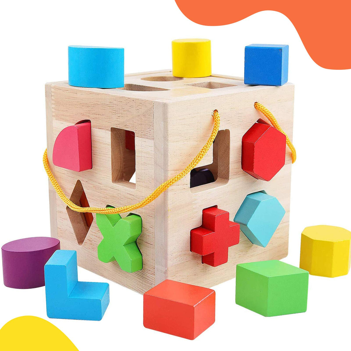 QZMTOY Shape sorter 19-blocks wooden set for shape recognition and fine motor play.