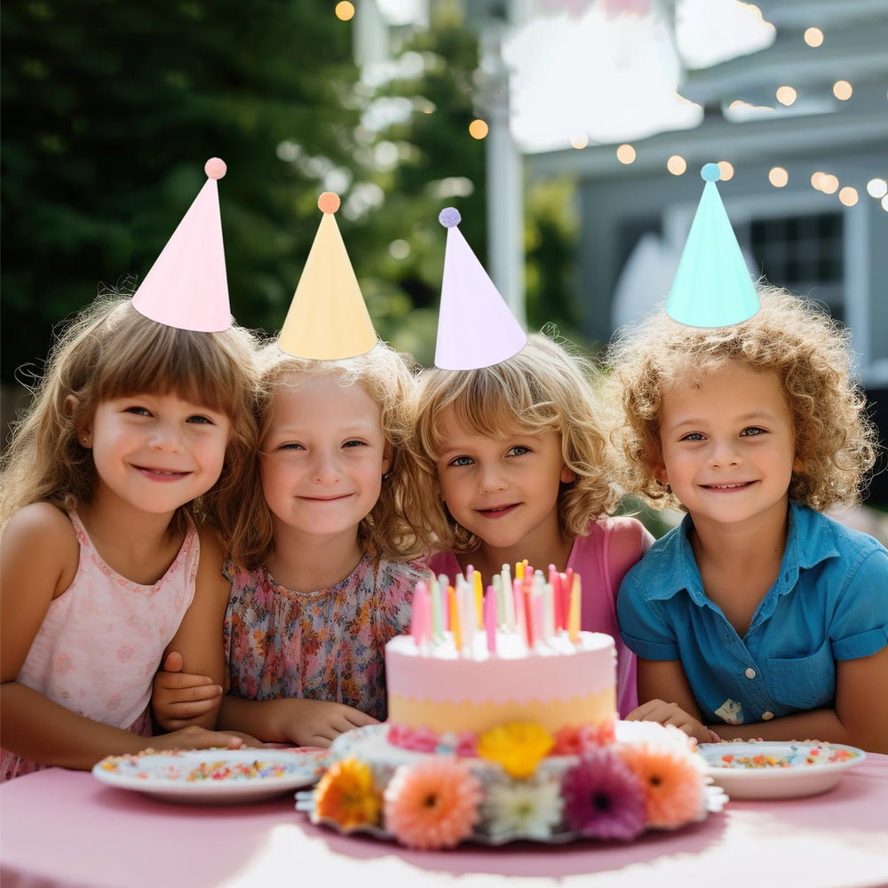 QZV pastel hats with elastic strings ready for kids and adults.
