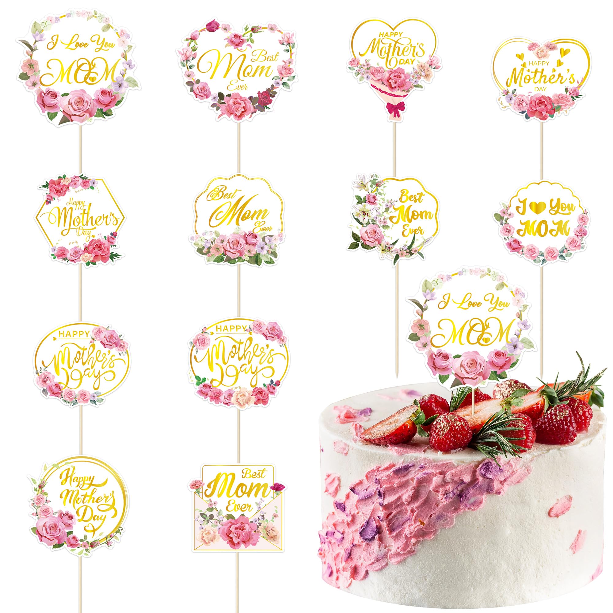 QZYL Mother's Day cupcake topper with gold foil flowers adds elegant charm to cakes