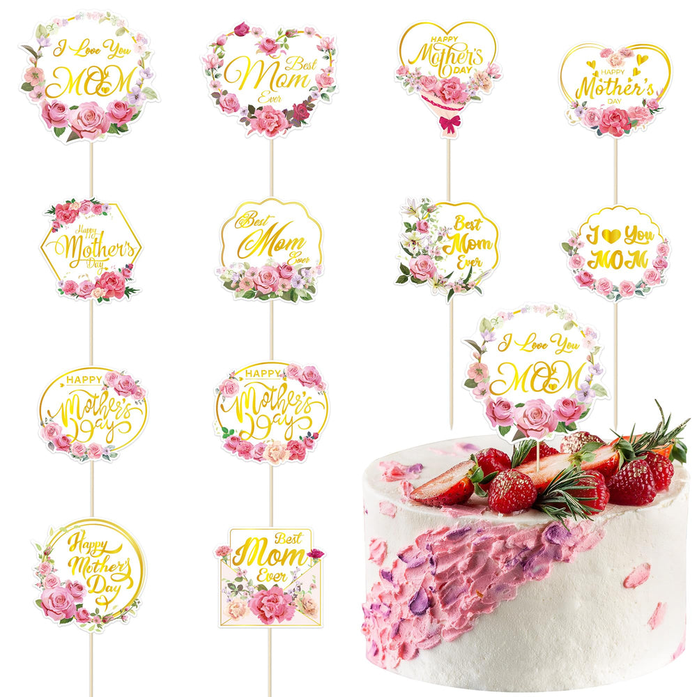 QZYL Mother's Day cupcake topper with gold foil flowers adds elegant charm to cakes