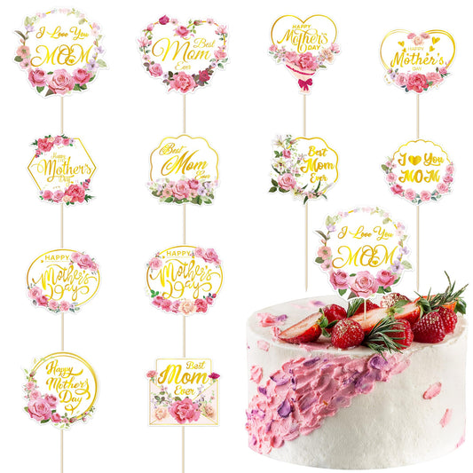 QZYL Mother's Day gold foil flower topper for elegant cake decor