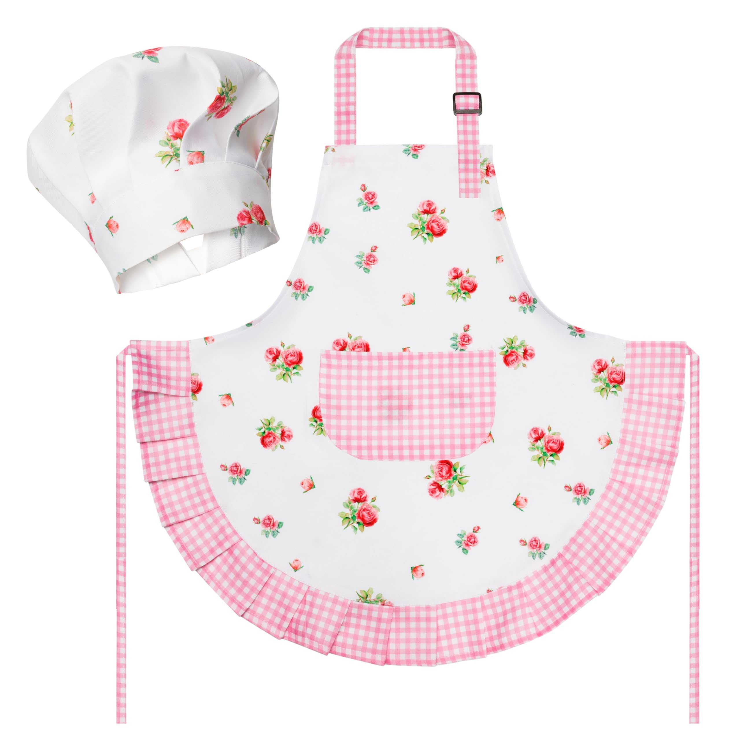 R HORSE kid apron with floral plaid design protects clothes during cooking.