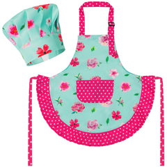 R HORSE kid apron with green floral pattern for mess-free cooking.