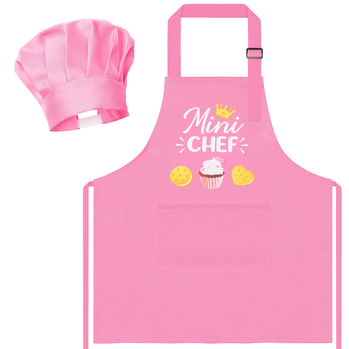 R HORSE kid apron and chef hat set laid flat in light pink for kitchen play